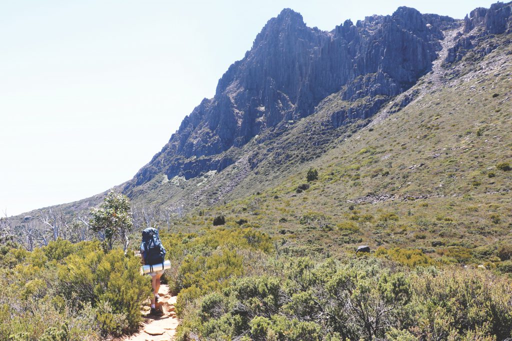 Ania läuft auf einem Track, der um den Cradle Mountain herum führt.